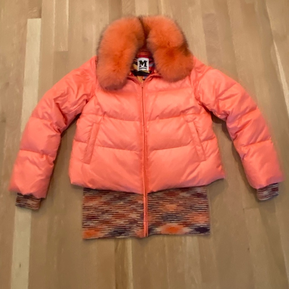 Missoni Coral Orange Puffer Jacket with Fox Fur Collar